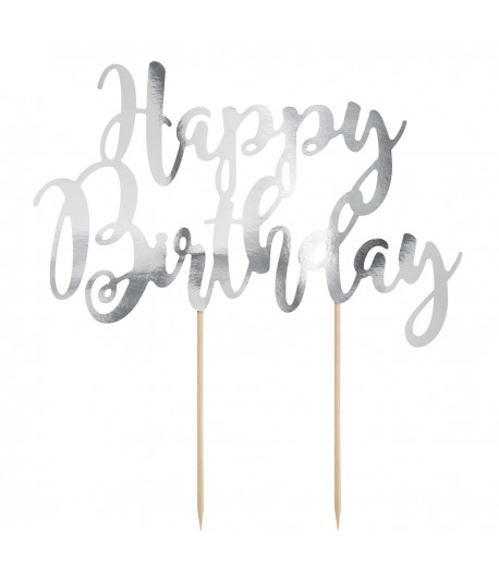 PartyDeco Topper para Tartas Happy Birthday - Plata